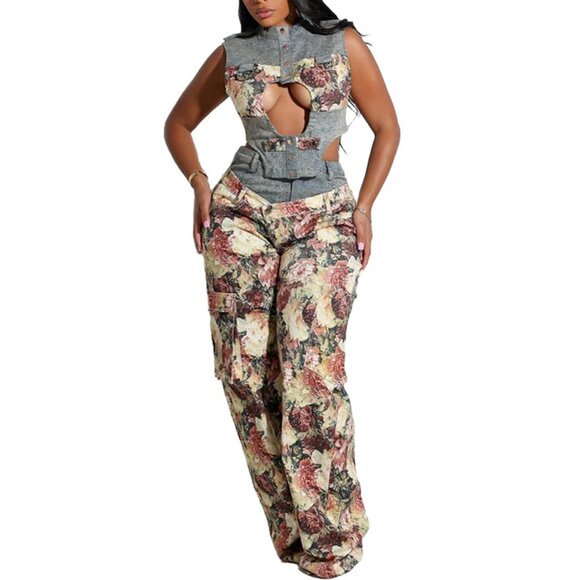 Y2K Floral Cargo Pants Set Sleeveless Crop Top Hollow Out Sexy Tracksuit